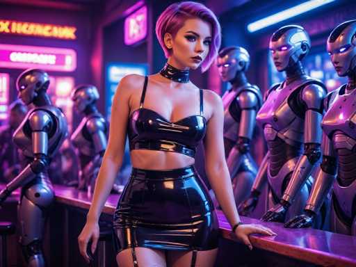 A woman with short purple hair is standing on a bar counter next to a neon sign that reads "X HOUSES". She is wearing a black dress and high heels. Behind her, there are several robots in metallic silver colors, including one with blue eyes and another with red arms. The background features a pink wall adorned with neon signs.