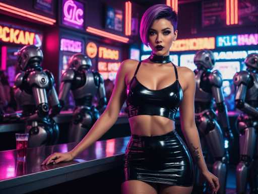 A woman with short purple hair is standing at a bar counter wearing a black leather outfit and posing for the camera. Behind her, there are several robots of various sizes and colors, including silver, blue, and red ones, arranged in a semi-circle around her. The background features neon signs that read "Finger's Fingers", "Gig", and "Chicken".