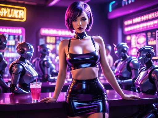 A woman with purple hair is standing at a bar counter wearing a black leather outfit and holding a drink. The background features neon signs for a bar and other establishments, creating an urban atmosphere.