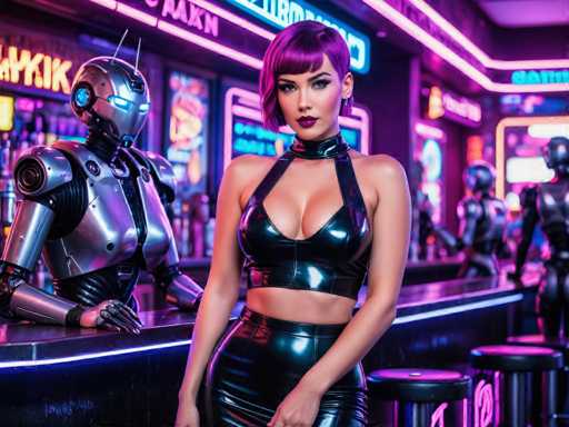 The image depicts a woman wearing a black leather outfit with a halter neckline and thigh-high boots standing on the left side of the frame. On her right is another figure dressed in a silver suit, also positioned on the left side of the frame. The background features neon lights and signs from a bar or nightclub setting, creating an urban atmosphere.