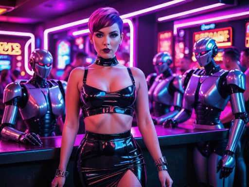 The image shows a woman wearing a black leather outfit with a thigh-high skirt and a tight bodysuit. She is standing on the left side of the frame, posing confidently against a backdrop of neon lights and futuristic robots. The background includes a bar counter filled with metallic robots in shades of silver and blue, as well as other people present but not directly involved in the scene.
The image does not contain any discernible text or additional objects that provide more context about the setting or the woman's actions.