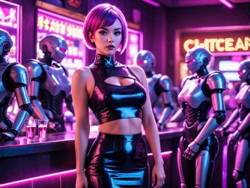 The image depicts a woman standing confidently on a bar counter surrounded by six robots of varying sizes and colors. The woman is wearing a black outfit with a cutout in the middle, giving her an edgy and stylish appearance. The background features neon lights that add to the futuristic ambiance of the scene.