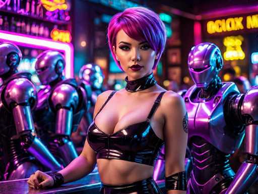 The image depicts a woman with short purple hair wearing a black outfit and standing next to a bar counter filled with various bottles of alcohol. Behind her is another person dressed in a silver suit, also surrounded by the same assortment of bottles on the bar counter. The background features neon lights that contribute to the futuristic atmosphere of the scene.