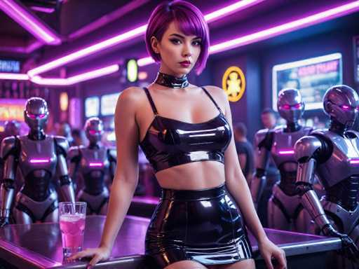A woman with purple hair is standing on a bar counter next to a glass of pink liquid and a menu. Behind her, there are four robots with metallic bodies and glowing heads.