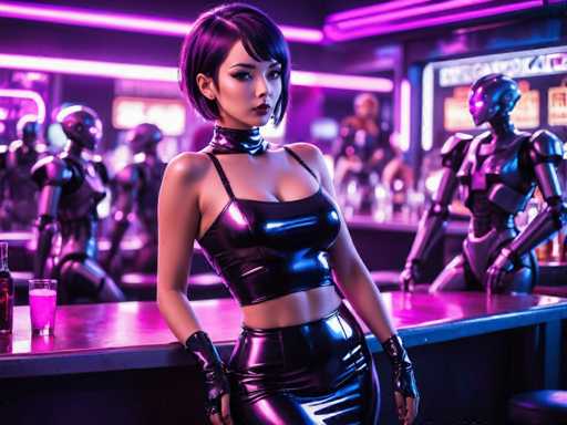 The image depicts a woman wearing a black leather outfit with a high neckline and short hair standing at the bar of a neon-lit bar. Behind her is another figure dressed in a similar black leather outfit, also positioned behind the bar. The background features several other figures in similar attire, suggesting that this scene takes place in a futuristic or alternative setting.