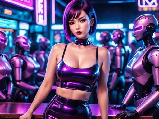 The image depicts a woman wearing a purple outfit with a halter neckline and short hair standing on the left side of the frame. Behind her is a group of robots, including one with a purple head and another with a silver body. The background features neon lights that create an urban atmosphere.