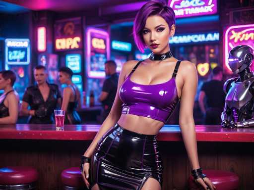 The image shows a woman wearing a black and purple outfit with a high neckline and thigh-high boots posing on the bar of a bar. She is holding a glass of wine and has her arms crossed over her chest in a relaxed manner. The background features neon signs for "Cupcake" and "Jazz", indicating that this scene takes place in a bar or nightclub setting, possibly at night time.
