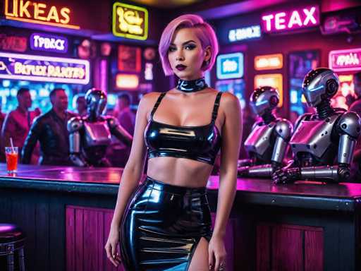 The image shows a woman standing on a bar counter with neon lights and neon signs behind her. She is wearing a black dress and high heels, and she has pink hair styled in a bob cut. The background includes several robots of various sizes and colors, including silver, blue, and green ones.