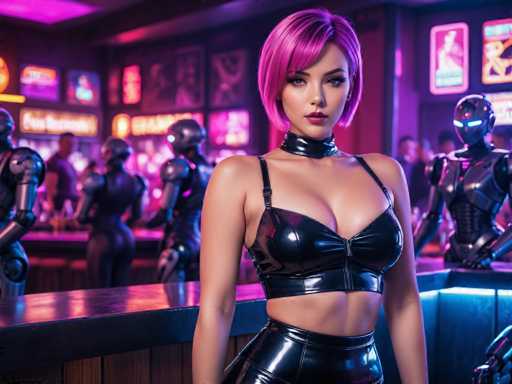 A woman with pink hair and a black top is standing in front of a bar counter, wearing a black leather outfit that includes a skirt and bodysuit. The background features neon signs and other people dressed in futuristic clothing.