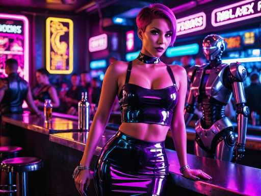 The image shows a woman wearing a black leather outfit with a metallic sheen and a necklace around her neck standing on the left side of a bar counter. Behind her is another person dressed in a silver suit, also standing on the right side of the bar counter. The background features neon signs for "Mallex" and "FABEX", indicating that they are likely in a bar or nightclub setting.