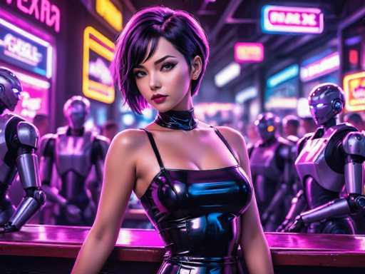 The image depicts a woman wearing a black leather outfit with a high neckline and short hair, standing on the left side of the frame against a backdrop of neon signs and robots. The scene is set in what appears to be a bar or nightclub, as indicated by the presence of multiple robots scattered throughout the background.