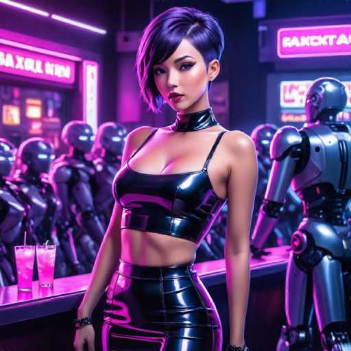 The image depicts a woman wearing a black leather outfit with a high neckline and short hair standing on the left side of a bar counter. Behind her is a row of robots, including one that appears to be holding a drink in its hand. The background features neon signs for "Pancake House" and "Rancho Pequeños", suggesting an urban setting with a blend of futuristic technology and traditional dining establishments.