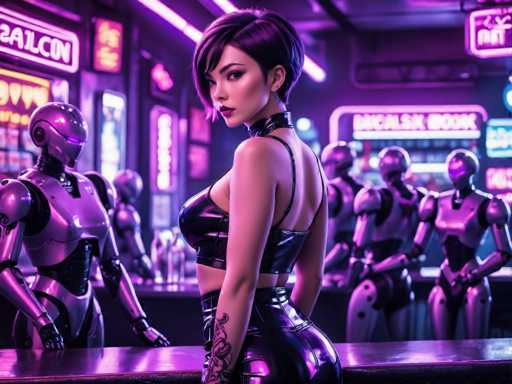 The image depicts a woman with short hair and tattoos on her arms standing in front of a bar counter. Behind the woman is another person wearing a robot costume. The background features neon signs for a bar and a neon sign for a restaurant.