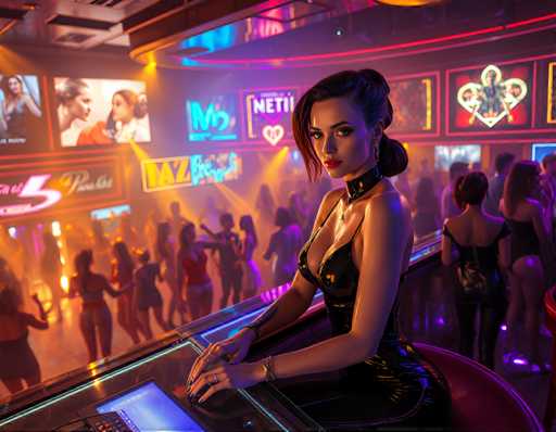 The image depicts a woman sitting at a slot machine in a casino, wearing a black dress and holding a cell phone. The background shows the interior of a casino with neon signs and other patrons engaged in various activities.