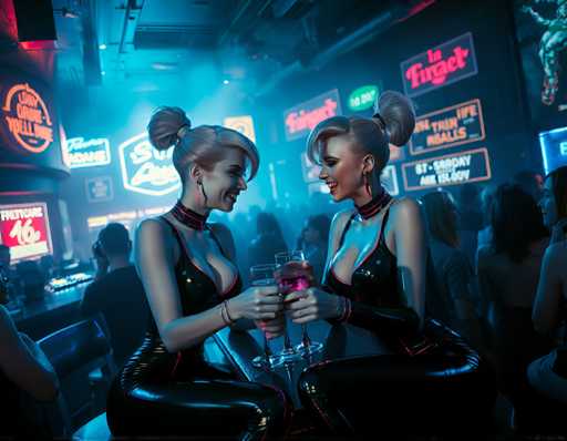 The image shows two women sitting at a bar with pink drinks in their hands and red neon signs behind them. The woman on the left is wearing a black outfit and has blonde hair styled in pigtails, while her companion on the right is also dressed in black and has blonde hair. They are both smiling as they hold their drinks.