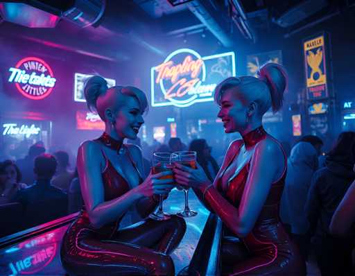 The image shows two women sitting at a bar with their drinks. The woman on the left is wearing a red dress and holding a glass of beer, while her companion on the right is dressed in a black outfit and also has a drink in front of them. In the background, there are other people present, but they are blurred out.