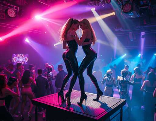 The image depicts two women dressed in black leather outfits standing on a stage at a club or concert venue. The stage is illuminated by colorful lights and surrounded by other people who appear to be dancing or enjoying the music.