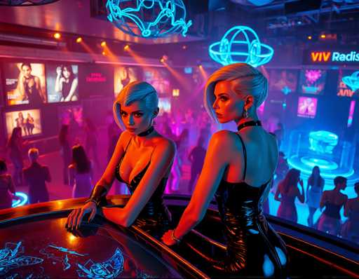 The image depicts two women dressed in black attire standing on a balcony overlooking a crowded nightclub scene below them. The woman on the left is wearing a black dress and has her hair styled in an elegant updo, while the woman on the right is wearing a black jumpsuit with her hair styled in loose waves. to the side of their heads.