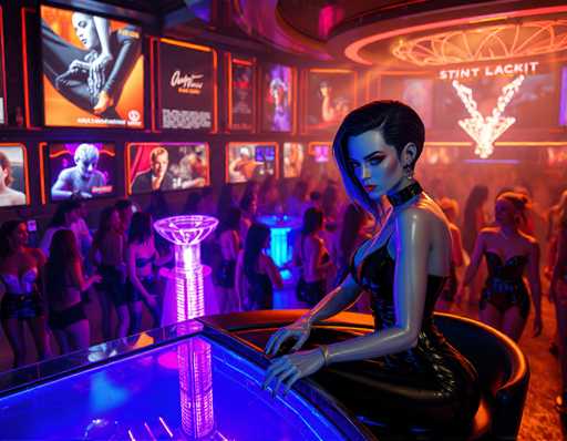 The image depicts a woman sitting at a bar with her back turned towards the camera. The bar is filled with people and neon signs, creating an atmosphere of excitement and energy. The woman's position in front of a large screen adds to the immersive experience.