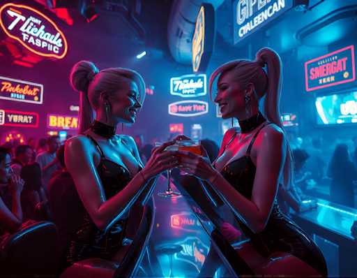 The image shows two women sitting at a bar with neon signs and advertisements behind them. The woman on the left is wearing a black dress and has blonde hair styled in pigtails. She is holding a drink in her hand. The woman on the right is also dressed in a black outfit, but she has short blonde hair. Both women are smiling as they look at each other across the table.