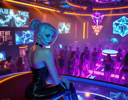 A woman is sitting on a red couch at a neon-lit bar, wearing a black dress and high heels. The bar has a blue floor and walls with neon signs, including one that reads "Cat's Eye".