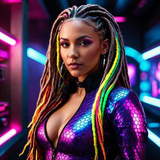 The image shows a woman with long dreadlocks wearing a purple and gold outfit that includes a zipper on the front. She is standing against a backdrop of neon lights and a black wall, creating an urban and futuristic atmosphere. The woman's hair is styled in a way that it appears to be falling over her shoulders, adding to the overall aesthetic of the scene.