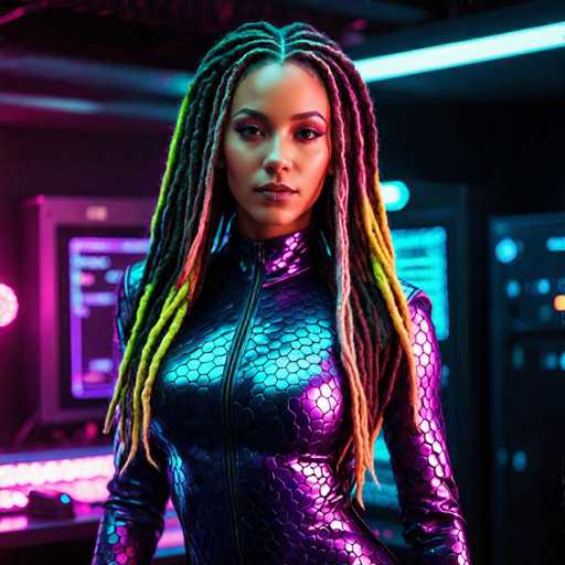 A woman with long dreadlocks is standing in front of a computer monitor and keyboard, wearing a purple jumpsuit that has a geometric pattern on it. The background features a neon green wall with a computer screen displaying the words "VIRUS" and "PANOPAS".