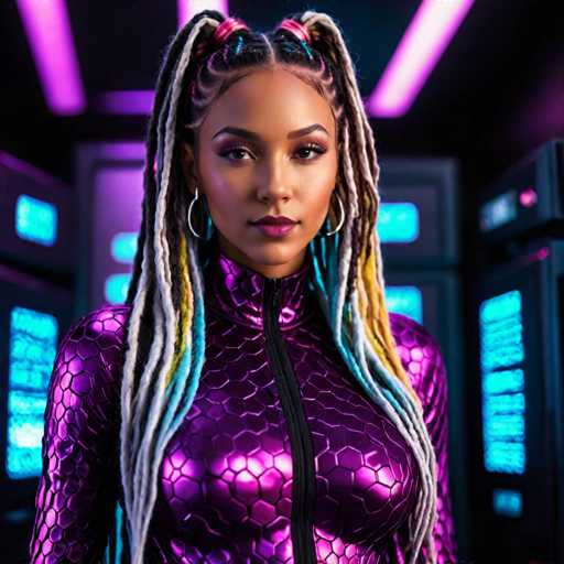 A woman with long dreadlocks and a purple jumpsuit stands in front of a computer monitor displaying blue and white screens.