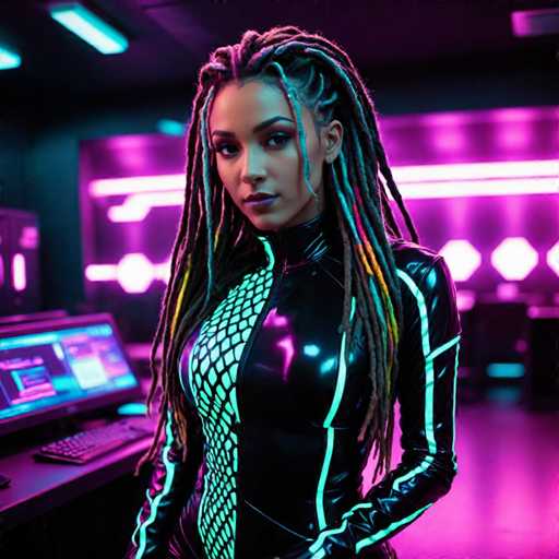 A woman with dreadlocks and a black jumpsuit stands in front of a computer monitor, her gaze directed towards the camera. The room is bathed in a neon glow from pink and purple lights, creating an ethereal atmosphere that contrasts with the stark white wall behind her.