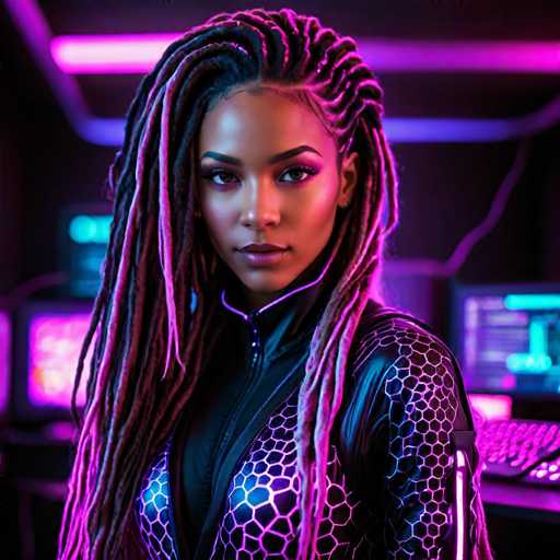 The image shows a woman with long dreadlocks wearing a black and purple outfit that includes a jacket and pants. She is standing against a dark background with neon lights, giving the impression of being in a futuristic setting or an alternate reality. The woman's gaze is directed straight at the camera, creating a sense of connection between her and the viewer.