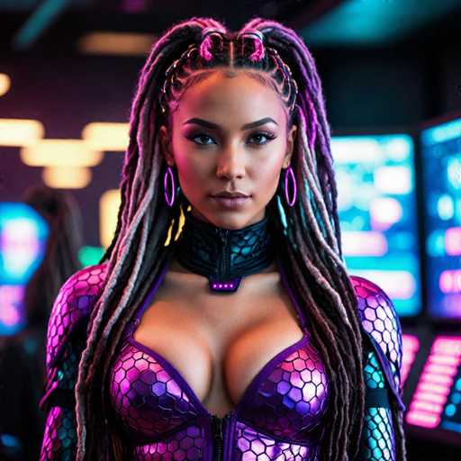 The image shows a woman with long dreadlocks and purple and blue clothing standing against a neon-lit background. The lighting is from the top left corner of the frame, casting an ethereal glow on her face as she gazes directly into the camera.