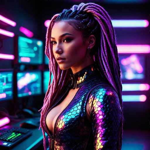 A woman with long dreadlocks and a purple jumpsuit is standing in front of a computer monitor displaying a screen filled with blue neon lights.