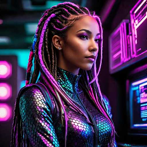 A woman with long dreadlocks and a metallic jumpsuit stands in front of a neon sign that reads "NON-NATIVE", possibly in a futuristic setting or art installation.