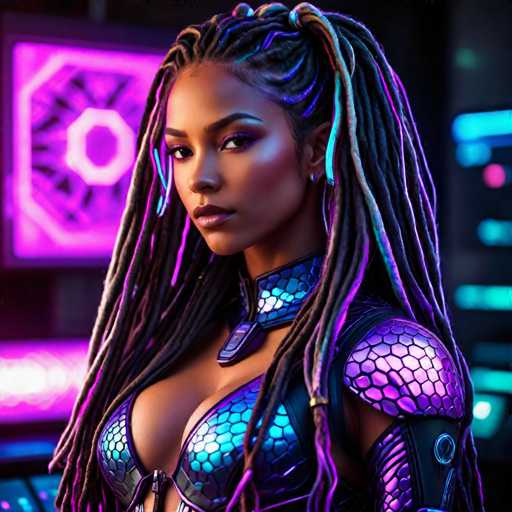 The image shows a woman with long dreadlocks and a futuristic outfit that includes a metallic bodysuit and a necklace. The background is dark purple neon lights, creating an otherworldly atmosphere.