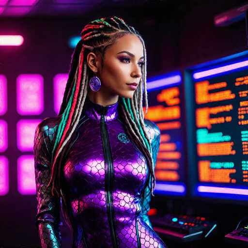 A woman with long dreadlocks and a purple jumpsuit stands in front of a computer monitor displaying a blue screen with white text.