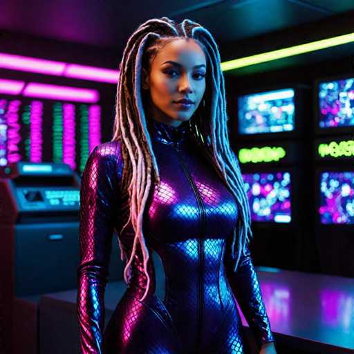 A woman with long dreadlocks is standing in a room filled with neon lights and computer monitors. She is wearing a purple jumpsuit that has a zipper running down the front. The room around her features multiple screens displaying various colors of neon lights, creating an atmosphere of modernity and technology.