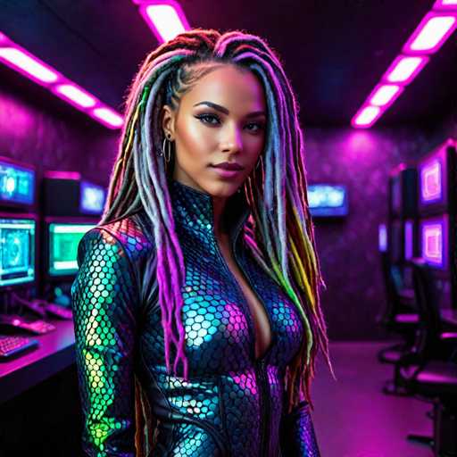 A woman with long dreadlocks and a metallic jumpsuit stands in front of a computer monitor, her gaze directed straight at the camera. The room is filled with monitors displaying various colors and shapes, creating an atmosphere of technological innovation and creativity.