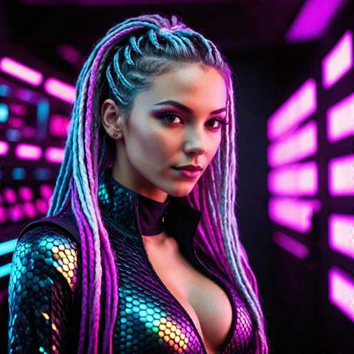 A woman with long dreadlocks and a metallic jumpsuit stands against a purple wall with neon lights.