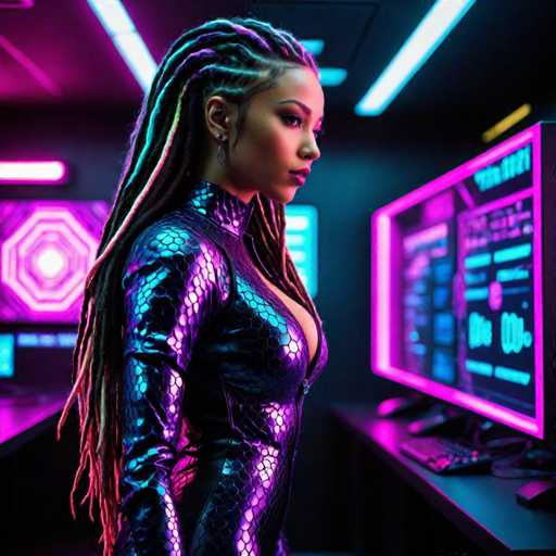 A woman with long dreadlocks is standing in front of a computer monitor displaying a screen filled with blue and pink neon lights. She is wearing a black and purple snake skin suit that covers her entire body from head to toe. The background features a dark room with a large window on the right side, allowing for an abundance of natural light to enter the space.