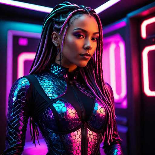 A woman with long dreadlocks and a metallic jumpsuit stands in front of a neon pink door, her gaze directed straight at the camera.