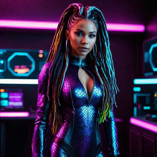 A woman with long dreadlocks and a blue snake skin jumpsuit stands confidently against a black background adorned with neon pink and purple lights.