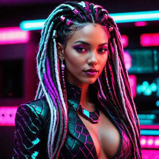The image shows a woman with long dreadlocks and a black leather jacket. She is wearing a necklace that has a geometric design. The background of the image is dark pink neon lights, which create an ethereal glow around her figure.