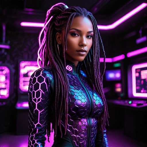 The image shows a woman with long dreadlocks wearing a purple and black suit that has a hexagonal pattern on the sleeves. She is standing against a pink wall with neon lights, giving off an futuristic vibe. The lighting in the room is purple, which complements her dark hair color.