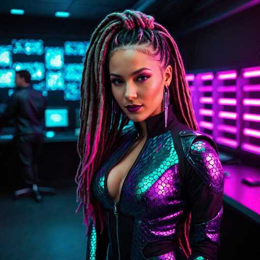 The image shows a woman with long dreadlocks wearing a purple and black snake skin suit. She is standing in front of a computer monitor that displays a blue screen with white text. The background features a dark room with neon lights, creating an industrial or futuristic atmosphere.