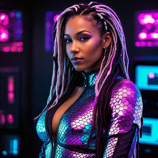 The image shows a woman with long dreadlocks wearing a metallic jumpsuit that has a snake skin pattern and is predominantly purple and black. The background features neon lights and computer monitors, creating an industrial or futuristic setting.