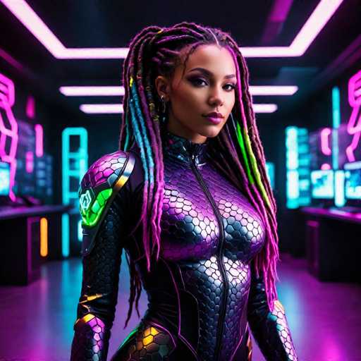 A woman with long dreadlocks and a purple jumpsuit stands confidently against a futuristic backdrop of neon lights and computer monitors.