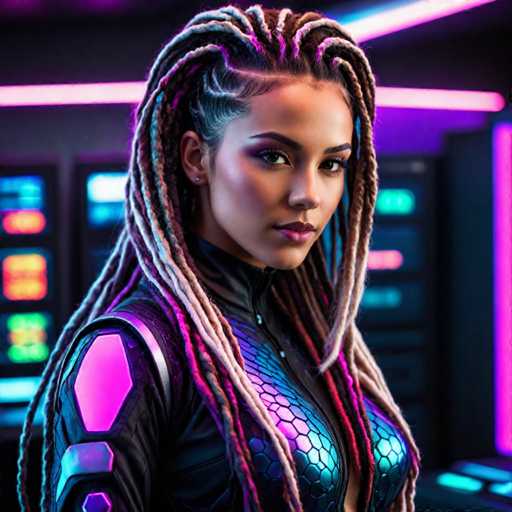 The image shows a woman with long dreadlocks and a futuristic outfit that includes a metallic jumpsuit and a helmet with a snake-like pattern on the front. The background is dark purple neon lights, creating an otherworldly atmosphere.