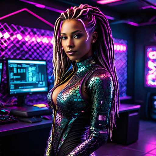 A woman with long dreadlocks and a futuristic outfit stands in front of a computer monitor displaying a blue screen with white text.