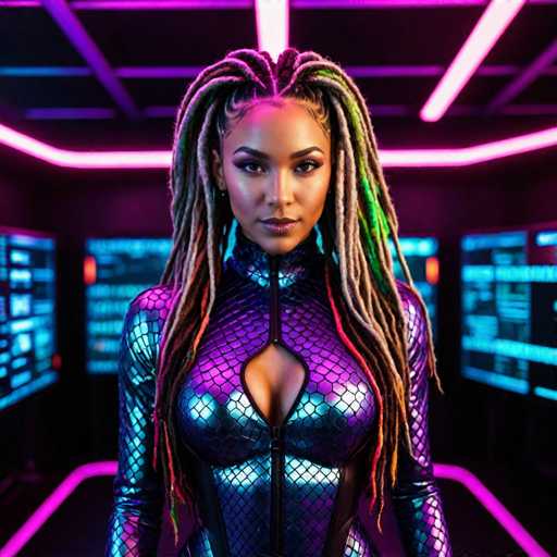 A woman with long dreadlocks and a metallic outfit stands in front of a computer screen displaying blue and purple neon lights.