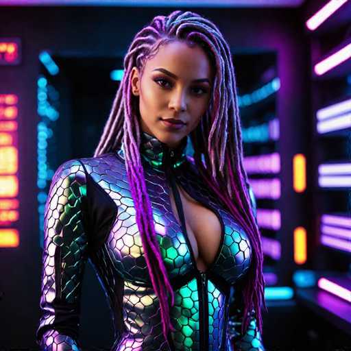 A woman with long dreadlocks and a metallic jumpsuit stands in front of a neon-lit room, her gaze directed straight at the camera.
